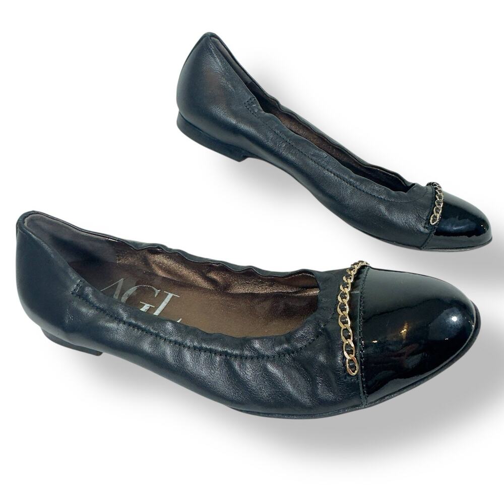 AGL Balletcore Leather Cap Toe Flats Gold Chain Detail Size 7